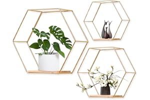 PANTHEM Hexagon Wandregal Metall 3er Set, Gold Deko Hängeregal Loft Wandregale, Wand Regal für Wanddeko in Wohnzimmer, Schlafzimmer, Bad, Café und Hotel