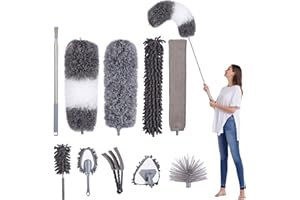 JOSPL 9 pièces Plumeau Poussière,Plumeau Microfibre avec Poignée en Acier Inoxydable,Plumeau Lavable Microfibre Plumeau Télescopique Kit,pour Toile D'araignée, Ventilateur de Plafond, Stores-250cm