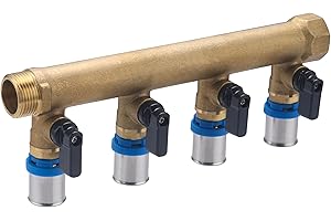 Colector macho-hembra 3/4 con 4 salidas multicapa a prensar Ø20 y válvulas | Latón | Conexión segura, duradera y precisa | Ideal para fontanería | Fácil instalación | QUICK PLOMBERIE