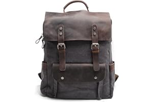 EYSEE Plecak męski z płótna z prawdziwą skórą w stylu vintage do uprawiania sportów na świeżym powietrzu, na co dzień 32 cm (dł.) * 42 cm (wys.) * 12 cm (szer.)