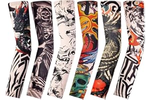 BAIJ Manchons de Tatouage,6 Pack Hommes Faux Bras Faux Tatouages Temporaire Manches en Nylon Manches de Bras en Nylon Elastique Sleevelet pour Halloween Basketball Cyclisme Sun Block Unisexe 38CM