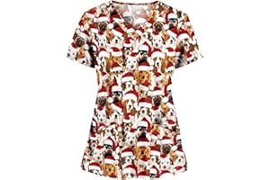 Sizoer Christmas Nurse Scrub Tops for Women UK Valentine's Day Printed Baggy Nursing Scrubs V Neck Short Sleeve Nurse Working Uniform Mock Wrap Shirt Healthcare Workwear with Pockets
