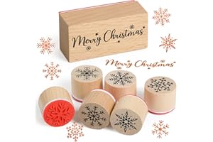 BOOMTOP 7Pcs Christmas Wooden Rubber Stamps 6 Patterns Snoflake + Merry Christmas Stamps for Card Making Scrapbook Crafts Gift Wrapping