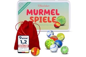 Kleintober Billes en verre de qualité supérieure - Jeu de billes dans une boîte métal - Pour enfants - Instructions et sac de transport - En partie fait main - Cadeaux