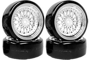 KINGCOO 4PCS 63mm RC Roues en Plastique et Pneus,Plaqué Rayons Roues Jantes et Pneus Durs Véhicules Pièce pour 1/10 RC on Road Racing Drift Car pour Tamiya Kyosho HPI HSP (Argent, Décalage:9mm)