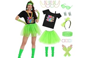 JONRRYIN Deguisement Annee 80 Femme, Accessoire Annee 80 Femme avec Manches Courtes Tutu Boucles d'Oreilles Lunettes Bandeau, 80s Disco Costume Vetement pour Carnaval