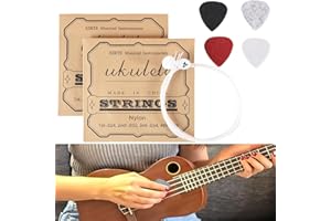 EZRANOVA 2 jeux de cordes en nylon pour ukulélé avec 4 médiators en feutre, les cordes sont blanches, les médiators sont rouges, gris, blancs et noirs.