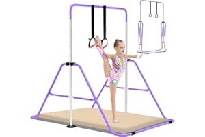 EVERYMILE Gymnastics Bars With Self-Inflating Mat,50mm Thick Inflatable Pad No Air Pump Needed Gymnastics Equipment for Home,Adjustable Height Folding Horizontal Bar with Rings