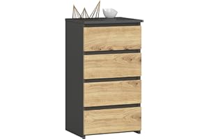 ‎AKORD AKORD | Kommode mit 4 Schubladen| Rollschubladen | Schubladenschrank Kleiderschrank | Sideboard mit Ablage | Robust | Universal Design | Graphitgrau | Eiche Artisan