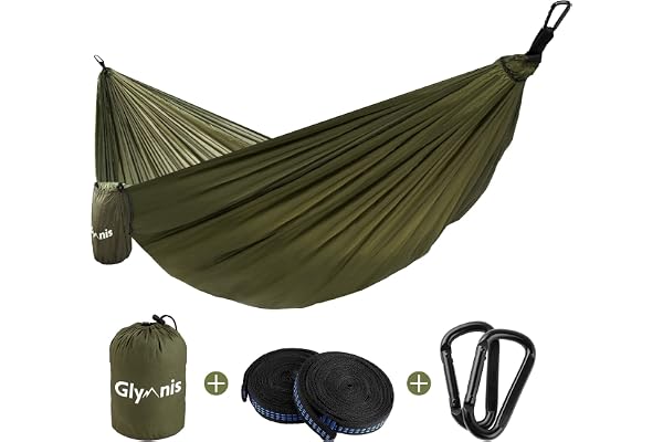 Glymnis Hamac Ultra-léger en Nylon 300kg Capacité de Charge 300x200cm avec 2 x Sangles en Nylon et 2 x Mousquetons pour Camping Voyage Exterieur Jardin(Vert Armée)