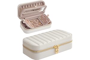 SONGMICS HOME ANAH Collection - Boîte à Bijoux de Voyage, Petit Coffre à Accessoire avec Miroir, 10,5 x 20,5 x 6 cm, Surface PU avec Coutures, Portable, Zip, Cadeau, Blanc Nuage JBC180W01