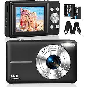 Digital Camera FHD 1080P 44MP Compact Camera 16X Digital Zoom Camera Small Easy Operation Image Stabiliser with 2 Batteries for Children Beginners Boys Girls Black (CAM22)