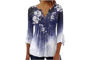 SUSENSTONE Chemisier Femme Chic et Élégant Manches 3/4 Tshirt Imprimé Plissé Henley Tshirt Col V Blouse Mousseline de Soie Boheme Haut Manche Courte Tunique Été Plage Travail Tunique Top