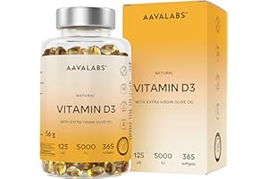 AAVALABS Vitamina D3 Natural [5000 UI] Depot - Altamente Concentrada - con Aceite de Oliva Extra Virgen para una Absorción Óptima - Favorece la Función Ósea e Inmunológica - Complemento Alimenticio - 365 Cáps