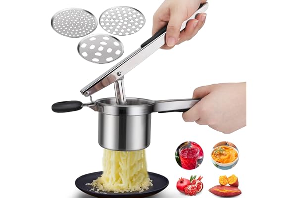 Presse-purée, hicoosee Presse Purée Manuel à Pommes de Terre avec 3 Disques Interchangeables, Professionnel Presse Purée Manuel en Acier Inoxydable, idéal pour Fruits, légumes, Aliments pour bébés