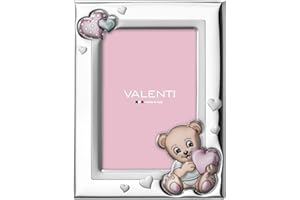 VALENTI & CO. Valenti&Co – Cadre photo en argent avec détails en forme d'ourson peint à la couleur pour table ou table de chevet pour chambre d'enfant, idéal comme idée cadeau de baptême ou d'anniversaire