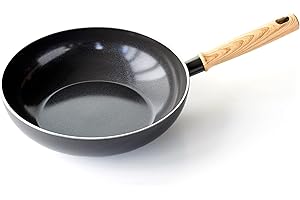 GreenChef Vintage Poêle Wok en Céramique Antiadhésive de 28 cm/3,7 L, Poignée à Apparence en Bois, Sans PFAS, Compatibles avec l'Induction, Va au Four, Va au Lave-Vaisselle, Gris