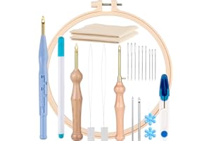 MSDADA Kit de Bordado de 21 Piezas Con Aguja de Perforación, Herramientas de Pluma, Mango de Madera, Aros, Paño, Punch Needle Kit, Aguja Mágica Para Bordar (Azul)