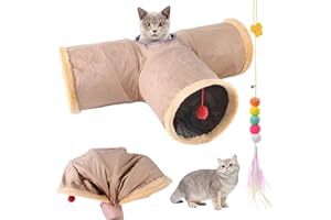 AIPWERER Faltbar Katzentunnel Katzenspielzeug mit Ball Spieltunnel Knisternder Rascheltunnel Aus Wildleder für Alle Katzen Kaninchen Welpen und Kleine Tiere, Mit Hängendem Lustiger Katzenstock (T- Khaki)