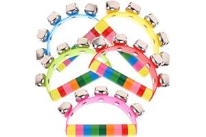 Artibetter Tambourines for Children 5pcs Kids Sleigh Bells for Christmas Caroling, 5 Jingle Bells Instrument with Wood Handle School Band Performances, Classroom Percussion Music Hand Bell