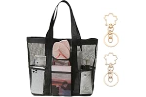 ATBUSS Bolsa de playa de malla negra con 2 colgantes de flores de cerezo, bolsa de mano plegable, organizador de vacaciones para playa, fitness, ducha, yoga, compras