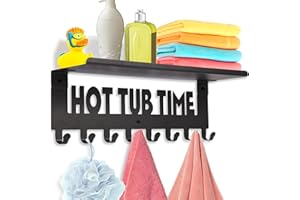 Kuhome Hot Tub Accessories Towel Rack with Shelf for Bathroom Decor Wall Mount Hooks Outdoor Towel Holder Organizer Hangers with 8 Hooks for Towels Robes Coats Hotel Hot Spring, Pool, Home Spa(Black)