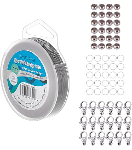 BENECREAT Fil D'Acier Inoxydable 7 Brins 0,38 Mm – 73 M + 200 Anneaux, 50 Perles à Écraser, 30 Fermoirs Homard – Kit Bijoux Complet