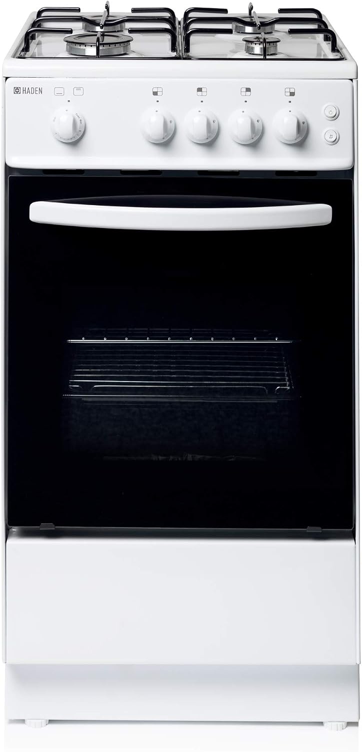 Haden 50cm Gas Cooker - White Freestanding Gas Cooker with 4-Burner Hob, Conventional Oven & Grill - Compact, Safe & Efficient Cooking Solution - LPG Conversion Kit Included