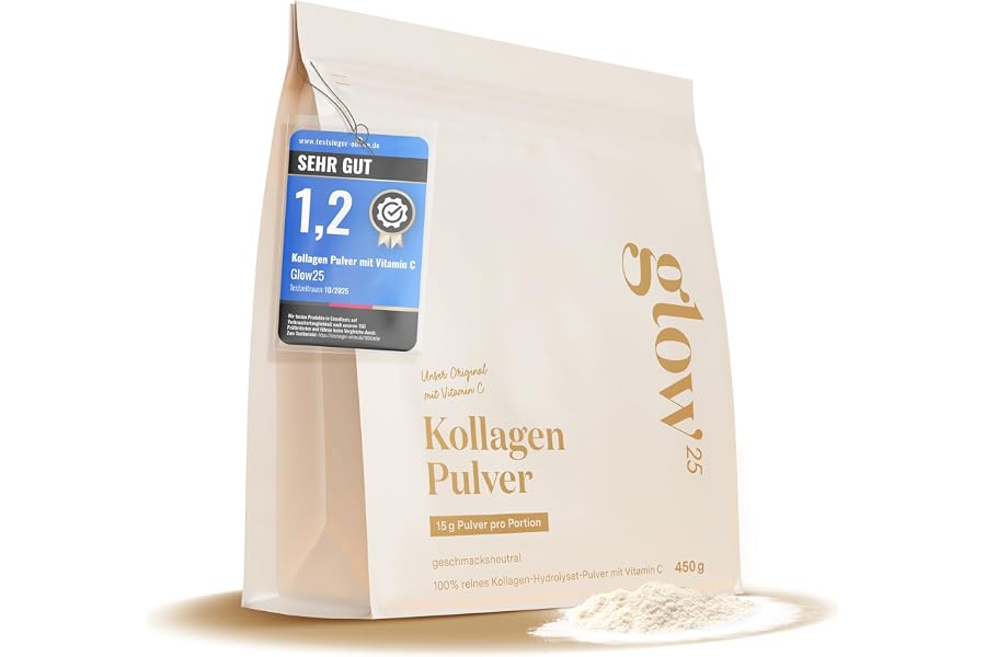 Glow25® Kollagen Pulver [450g] – Unser Original – Collagen Hydrolysat mit Vitamin C – Peptide Typ 1 und 3 – Gute Löslichkeit 