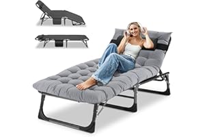 Ryuhic Folding Sun Lounger Recliners for Garden, Heavy Duty Adjustable Garden Bed with Mattress and Headrest, Oversized Portable Outdoor Camping Bed for Home, Office Nap, Patio Pool and Beach
