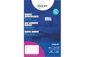 AVERY ZWECKFORM Avery Badge Autocollant Adhésif Textile - 200 Badges Autocollants Soie Acétate Blanche 80 x 50 mm - Impression Laser - Étiquettes Autocollantes - Badges Personnalisables Vêtements - Badge Avery