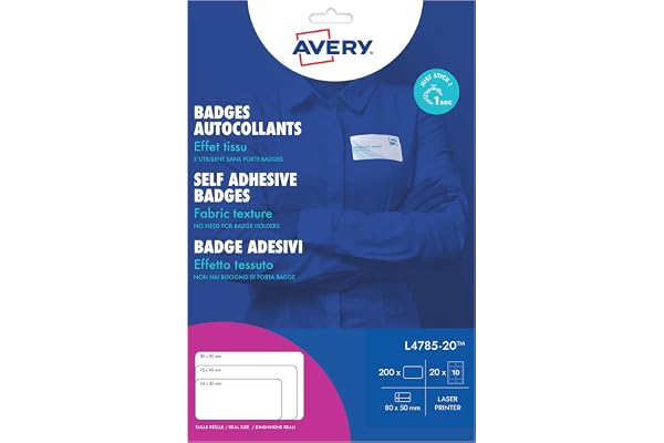 Avery Badge Autocollant Adhésif Textile - 200 Badges Autocollants Soie Acétate Blanche 80 x 50 mm - Impression Laser - Étiquettes Autocollantes - Badges Personnalisables Vêtements - Badge Avery