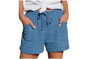 BIKETAFUWY Short Femme Ete Uni Ample en Coton et Lin Short Sport Femme Short Femme Chic d'été Large Fluide Short Travail Femme Grande Taille Elastique avec Poches Ample Casual Jogging Pantalon Court