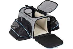 EASY JOY Borsa Trasportino per Gatti Espandibile Su Due Lati, Gabbietta per Animali Domestici con Apertura Superiore in Rete Traspirante, Trasportino per Animali con Tappetino (Grigio, Blu)
