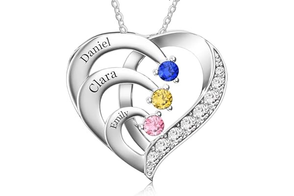 Easycosy Collar Personalizado con Nombre Grabado, Colgante de Corazón con Piedras de Nacimiento, Collar de Mujer en Plata 925, Regalos de Navidad para Mama, Mujer, Pareja, Amigo, Hombre, Niños, Abuela