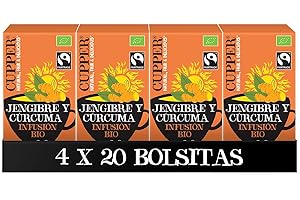 Cupper - Infusión de Jengibre y cúrcuma BIO - Pack de 4 Cajas de 20 Bolsitas de Infusiones Ecológicas - Propiedades Antioxidantes - Apto para Veganos