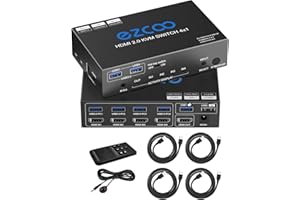 ROFAVEZCO HDMI KVM Switch USB 3.0 4 Ports with Hotkey 4K 60Hz 18Gbps Share 4 Computers with one Keyboard Mous HDR D-olby Vision HDCP2.2 Remote Control USB3.0 CableX4