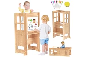 BUEDEHAI 4 in 1 Kitchen Kids Step Stool, Wooden Kids Stool with Whiteboard and Safety Rail, Adjustable-Height Kids Learning Standing Stool for Kitchen Counter Bathroom Sink