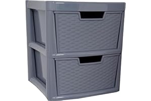 ALEEZ - Large Plastic Drawer Storage Unit - Rattan Effect 2 Drawer Cabinet - Multipurpose Storage Organiser - Office, Tabletop Desktop Drawer - Bedroom Chest Drawer Unit - (Grey, 2 Drawer)