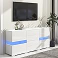 Jaxenor White High Gloss Sideboard with 2 Doors 4 Drawers for Living Room, Dining Room, Hallway, LED Sideboard with 16 Colours Light, USB Powered, 140x35x72 cm