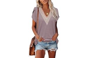 Famulily Women's Lace Trim V Neck T-Shirts, Short Petal Sleeve Summer Dressy Tops Casual Blouses S to XXL