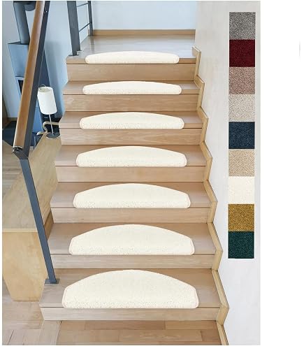 LUXOR-living Stufenmatten Volterra – 15-teiliges Set, Creme, 100 % Schurwolle, Selbstklebend, Rutschfest, Schalldämpfend – Robust & Pflegeleicht