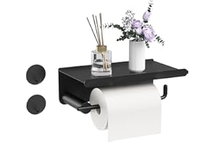 AIRMINTI Porte Papier Toilette: Porte Papier Toilette Mural Acier Inoxydable Auto-Adhésif sans Perçage avec Étagères Support Papier Toilette avec Porte Rouleau WC pour Salle de Bain et Cuisine (Noir)