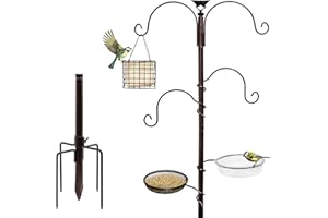 JKKLCC Bird Feeding Station Kit, Antique Bronze Metal bird pole with 5 Point Base Design, Multi bird feeders hanging, Suet Cage,Detachable Bird Bath Attract Cardinals Hummingbirds