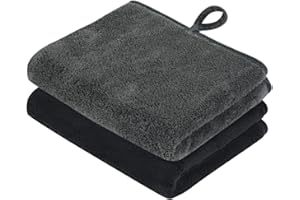 VIVOTE Lot de 2 essuie-Mains en Microfibre, Super Doux et à séchage Rapide pour Cuisine, légers avec Boucle de Suspension, Serviettes Multifonctions pour Salle de Bain, Voyage, 30 x 50 cm, Noir et