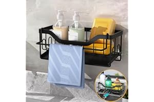 MainPi Organizador Bajo Fregadero Cocina,Soporte Esponja con Toallero,Estropajo Fregadero con Bandeja Drenaje,Porta Estropajos Cocina,Almacenamiento Organizador (Negro)