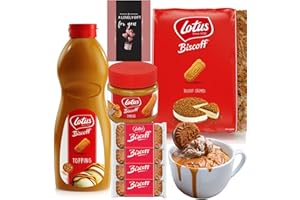 JOLAFUNBS Lotus Biscoff Biscuits Gift Set-Lotus Topping Biscoff Sauce,Squeezy Bottles Speculoos Syrup,Lotus Biscoff Spread,4x XL Lotus Biscuits,Lotus Biscoff Crumbs 750g,Lovely Card&Lotus Secret Recipe.