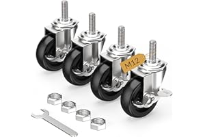 HOLKIE Lenkrollen 75mm (3 Zoll) mit Bremsen Möbelrollen Transportrollen, M12 x 1,75 x 30mm (Schaftdurchmesser 12mm, Schaftlänge 30mm) Schwerlastrollen Gummirollen 4er Set Rollen für Möbel Schwarz
