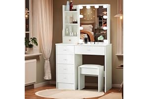 Aovquof Toaletka z regulowanym oświetleniem 10 LED, lustro do makijażu, toaletka z lustrem, toaletka z 6 szufladami, 3 otwarte półki do sypialni, srebrny uchwyt