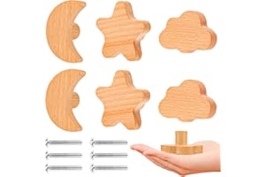 AKONE 6 pomos de madera para armarios infantiles, diseño de estrellas, luna, nubes de madera, para armario, cajones, decoración natural, cajón, habitación de los niños